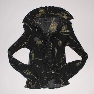 Y2K Jennifer Lloyd Black Crinkled Lace Up Blouse With Ruffles And Golden Florals